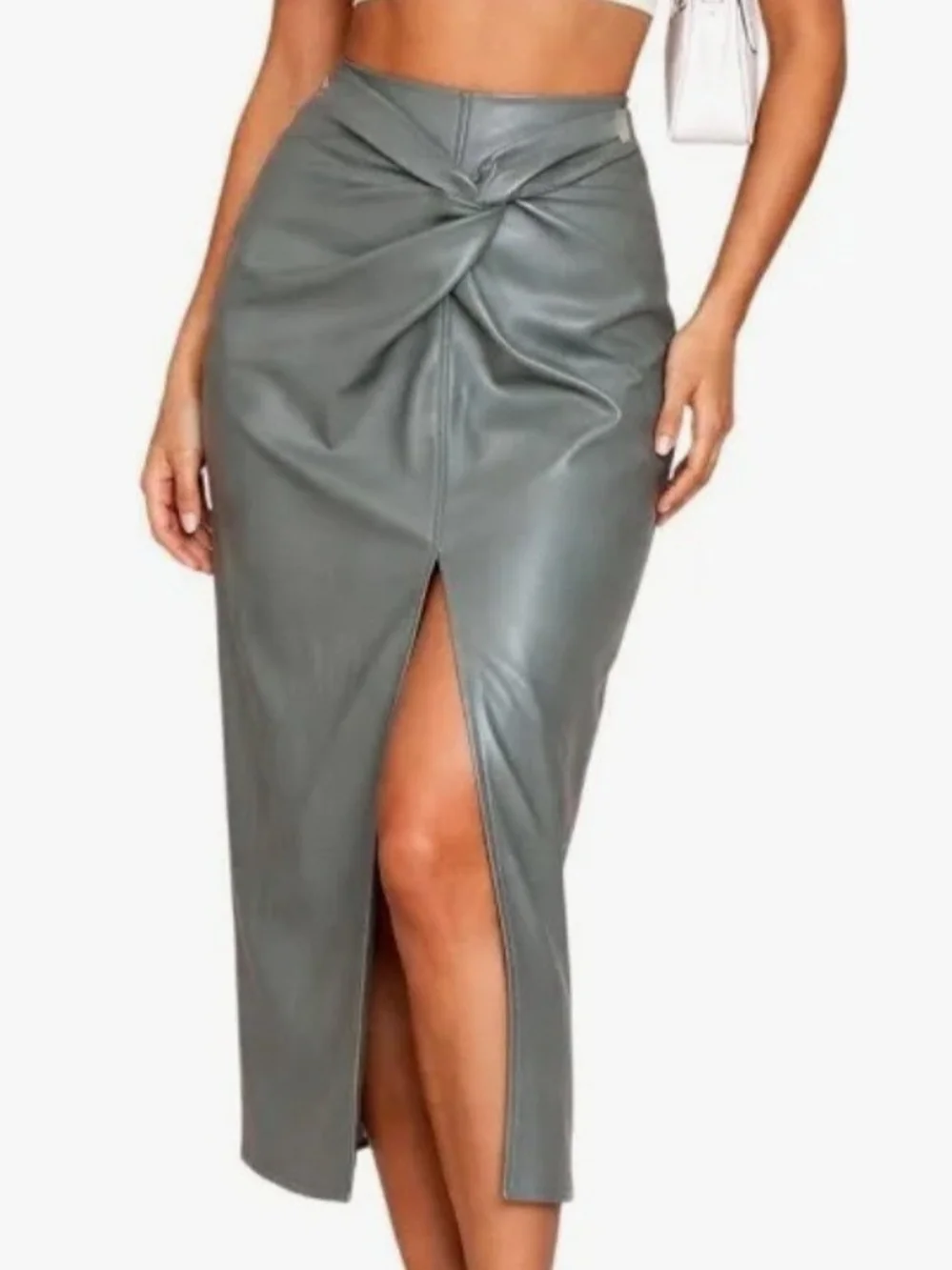 High-Waist Grey Twist Front Pencil Skirt with Front Slit - Picture 1 of 6